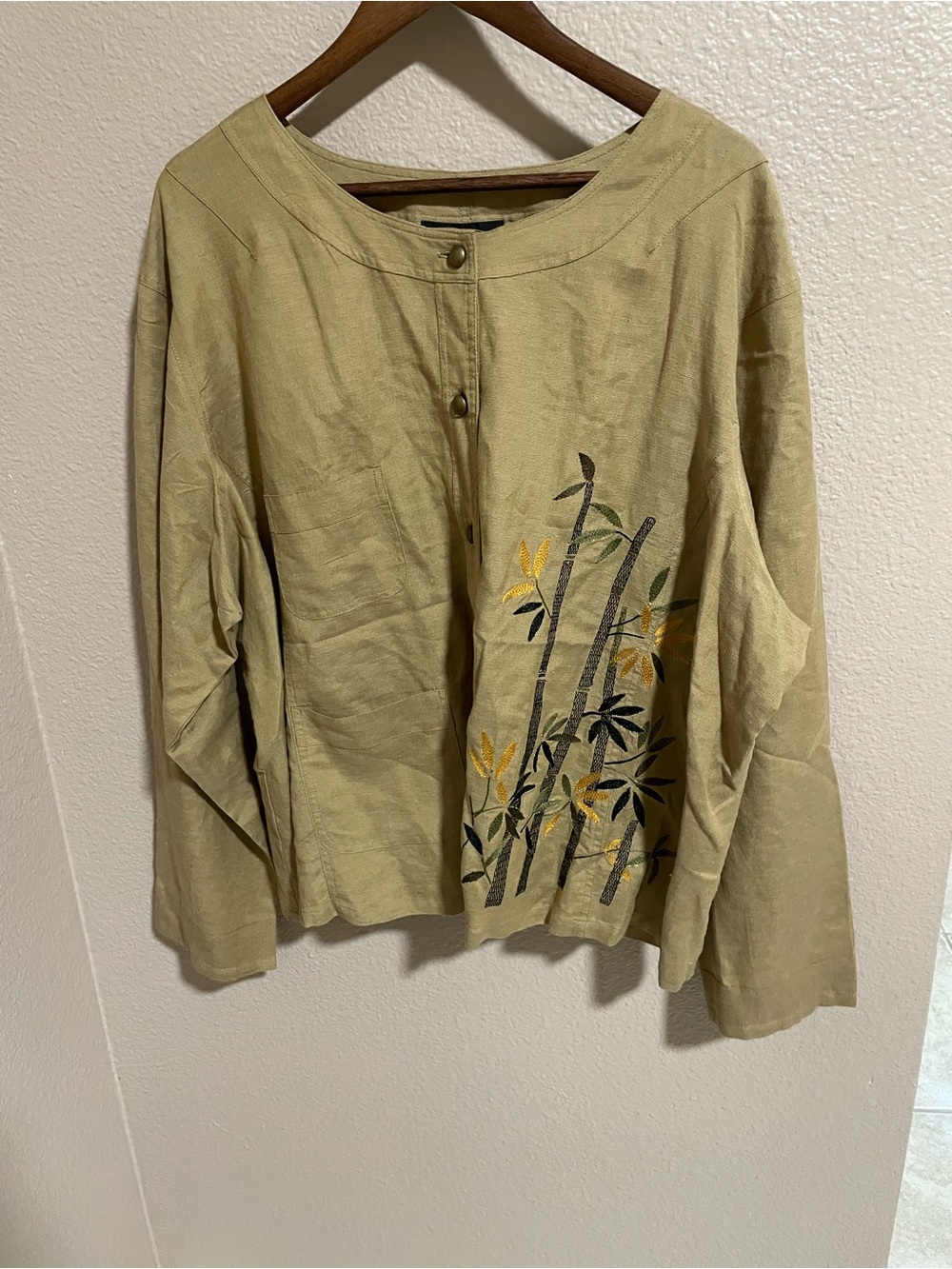 Button-Front Olive Green Blouse with Bamboo Print NWT